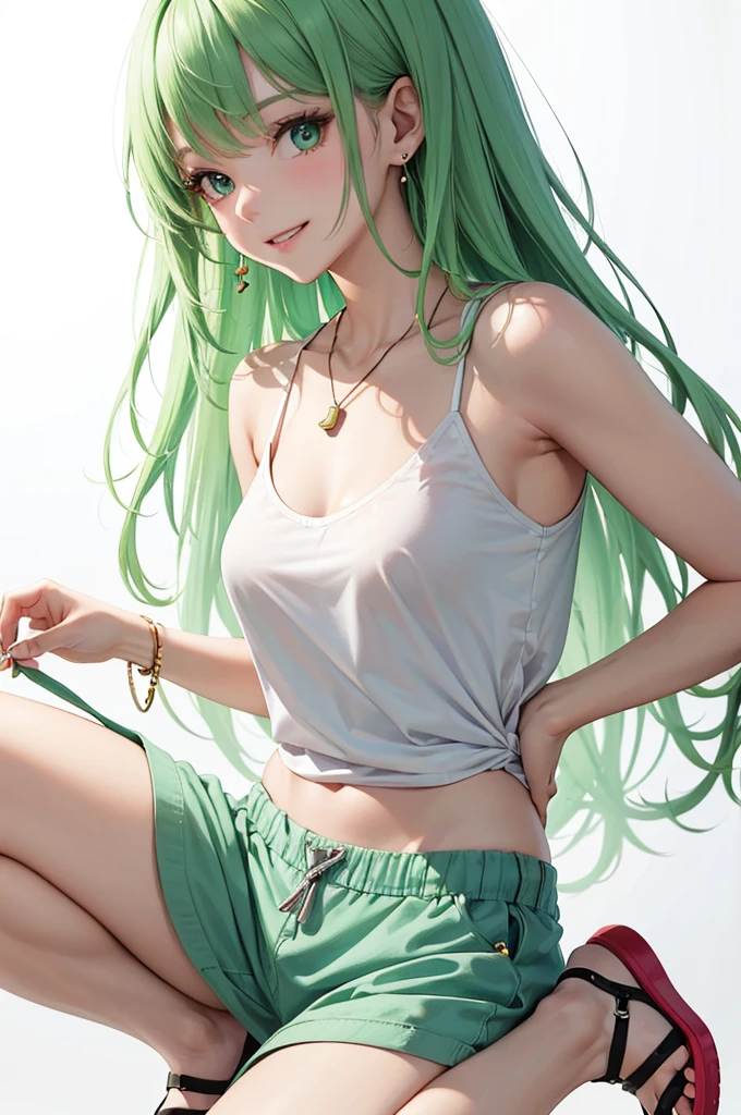 Best Quality,High resolution,8k,(plain white background, no patterns, no textures, just a plain white background:1.3),Masterpiece:1.2),beautiful girl,Shiny green hair,messy hair,Green Eyes,A girl in a bright, oversized graphic tee or tank top with a cheerful design, paired with high-waisted, slightly oversized long pants in a light, colorful fabric with a subtle pattern. She is wearing casual sneakers with a pop of color or simple yet stylish sandals. Accessories include a playful pendant necklace and colorful stud earrings,Gentle look,A refreshing look,smile,Best quality,Best Quality,Aesthetic and aesthetic:1.2,Best details((Super detailed))(High-definition CG illustrations),Slender body,smile,blush,cute,Scrounge,Looking up,Being spoiled,super model