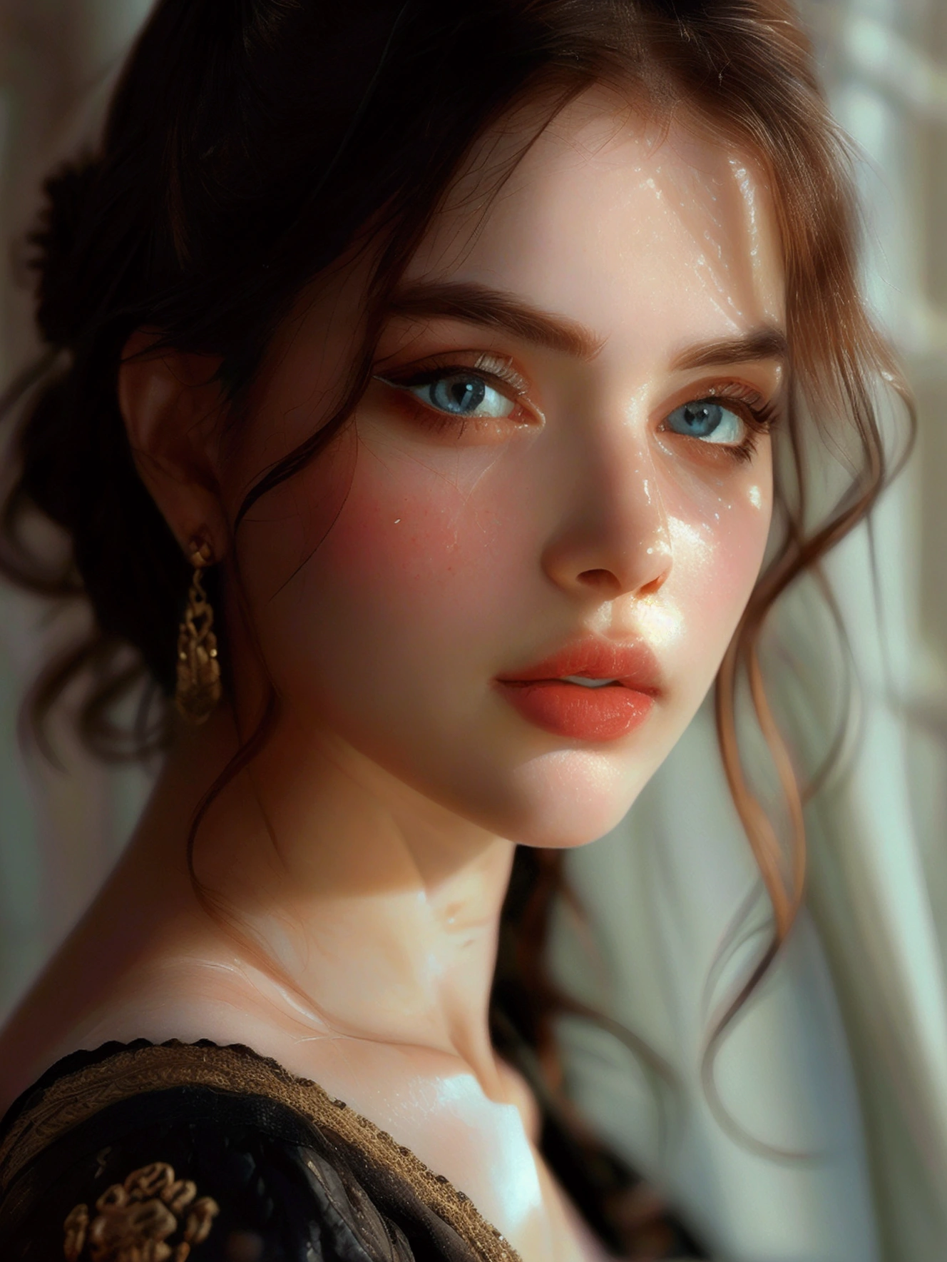 (((ultra realistic))) Photo, masterpiece, top quality, (pale skin), (Ultra detailed face and eyes:1.3), Indian 1 girl, in a beautiful black(goldon embroidery)dress, (Eye makeup, mascara) , (a close up portrait of a beautiful woman with long brown messy bun, curly hair), wearing a black dress, gorgeous detailed face, extremely beautiful delicate features, piercing eyes, luscious lips, flawless skin, stunning portrait, high quality, cinematic lighting, photorealistic, masterpiece, dramatic depth of field, soft elegant expression, elegant and serene, professional portrait photography, beautiful model, gorgeous female portrait, incredible realismof field, bokeh, (special attention to skin detail: 1.2), Detailed leather texture, skin pores. (Airy atmosphere of the frame), UDR, ((Film grain)), ((rays)), ((Glare)), ((side angle portrait, viewing towards the camera)) , ultra detailed,