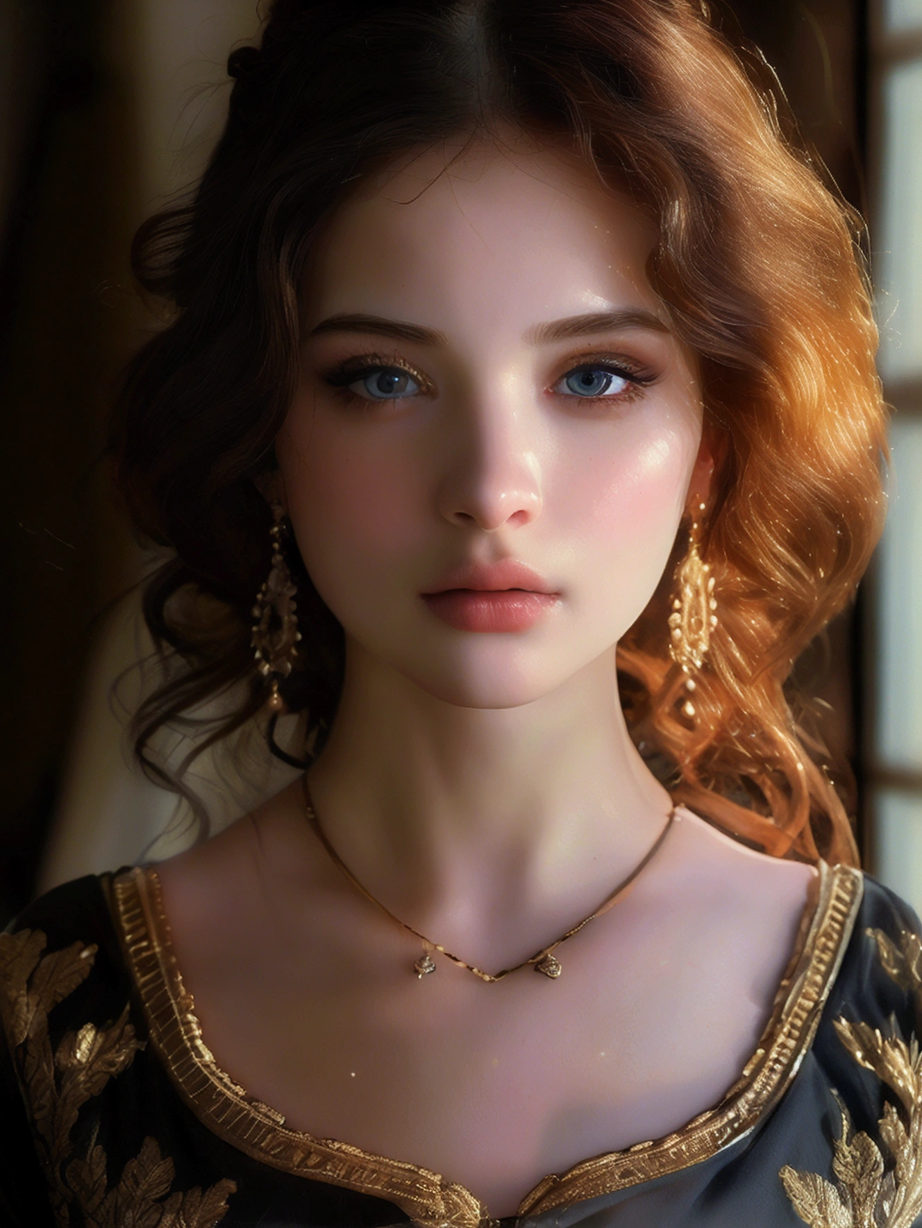 (((ultra realistic))) Photo, masterpiece, top quality, (pale skin), (Ultra detailed face and eyes:1.3), Indian 1 girl, in a beautiful black(goldon embroidery)dress, (Eye makeup, mascara) , (a close up portrait of a beautiful woman with long brown messy bun, curly hair), wearing a black dress, gorgeous detailed face, extremely beautiful delicate features, piercing eyes, luscious lips, flawless skin, stunning portrait, high quality, cinematic lighting, photorealistic, masterpiece, dramatic depth of field, soft elegant expression, elegant and serene, professional portrait photography, beautiful model, gorgeous female portrait, incredible realismof field, bokeh, (special attention to skin detail: 1.2), Detailed leather texture, skin pores. (Airy atmosphere of the frame), UDR, ((Film grain)), ((rays)), ((Glare)), ((side angle portrait, viewing towards the camera)) , ultra detailed,
