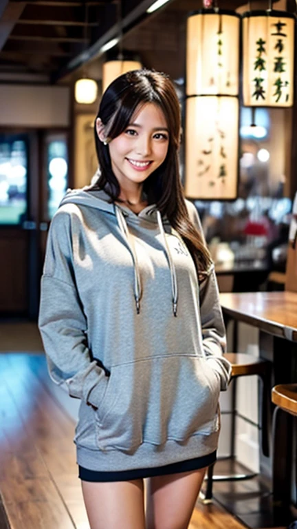 A Japanese milf, photo of one girl, Slender figure, Realistic teeth, wearing oversized hoodie, down hood, smile, full-body, masterpiece, best quality, detailed, beauty, Pub, indoor,