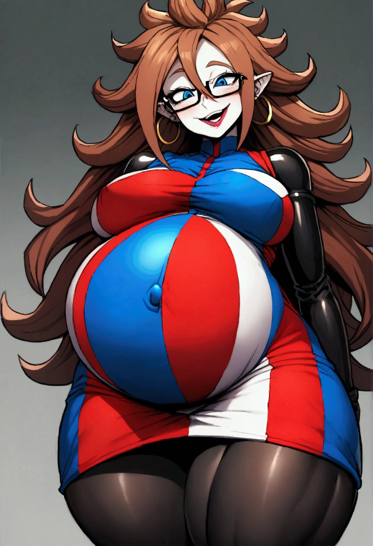 Android 21 from dragonball brown hair, long hair, curly hair, blue eyes, hoop earrings, two-tone dress, checkered dress, sleeveless, black pantyhose, thick thighs, crazy smile, glasses, yandere, pregnant,