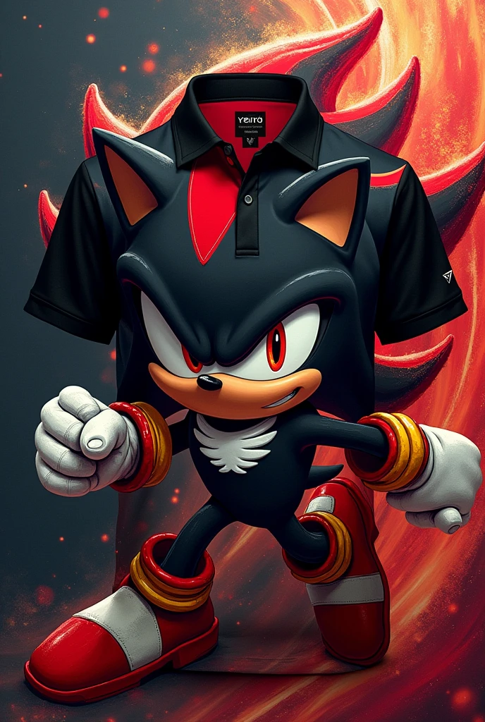 Generate a black polo shirt with a shadow the hedgehog cartoon print so beautiful it's unbelievable