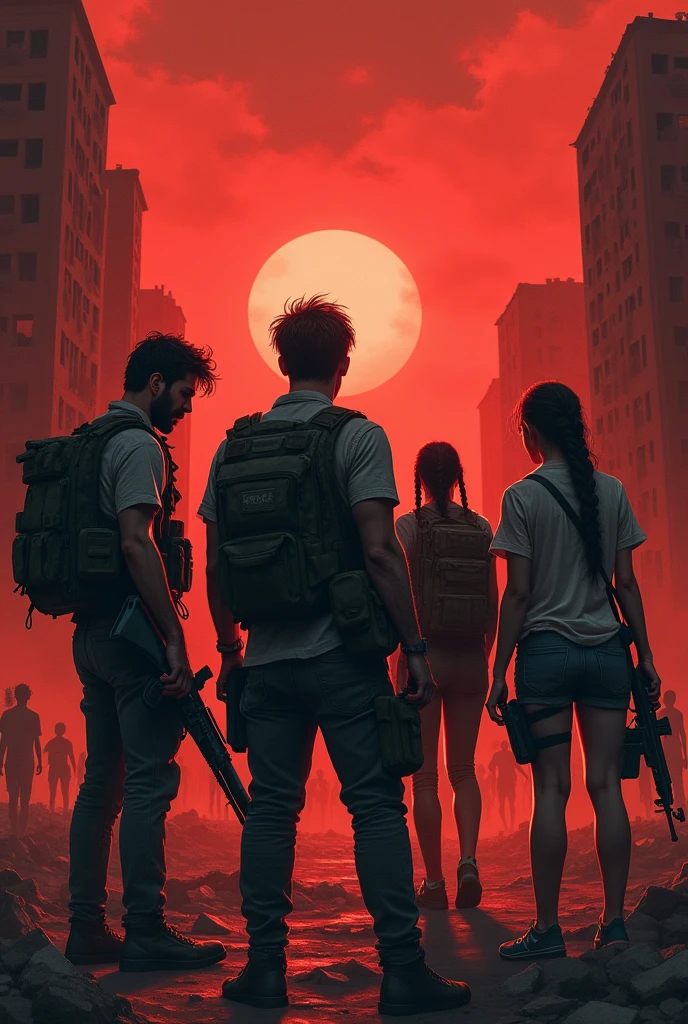 A group of 4 survivors, consisting of 3 men and 1 woman, are looking away as millions of hungry zombies approach them while they load their weapons.