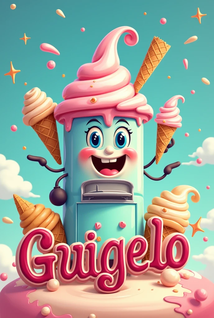 I want to make a sign,from the ice cream parlor,com nome Guigelo,that is funny, fullcolor,flashy,that has a little Italian ice cream machine with little arms calling.