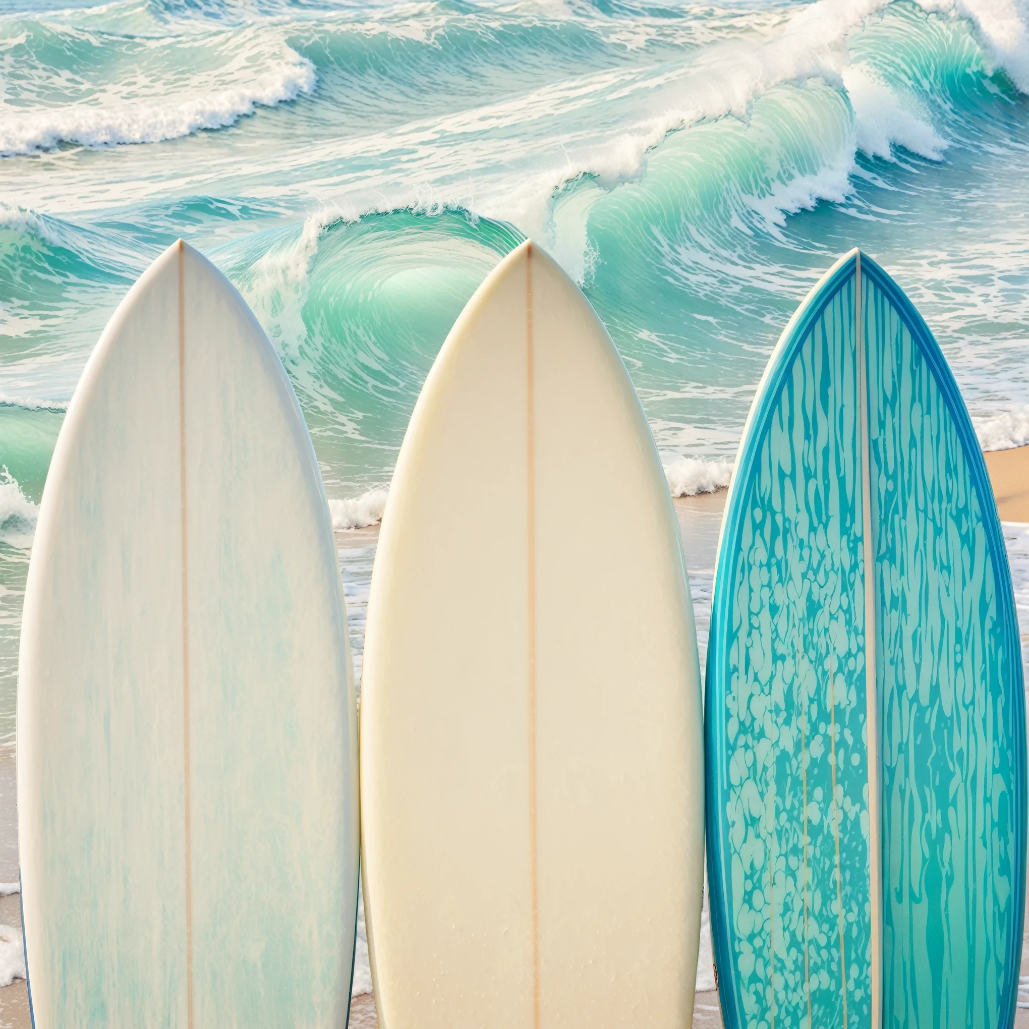 three surfboards are lined up against the shore of a beach, standing on surfboards, surfing, surf photography, surf, subtle detailing, shutterstock, high quality wallpaper, lined up horizontally, crisp clean shapes, texture, ride the wind and waves, best on adobe stock, blue white colors, serene emotion, artistic interpretation, ocean swells, crisp lines