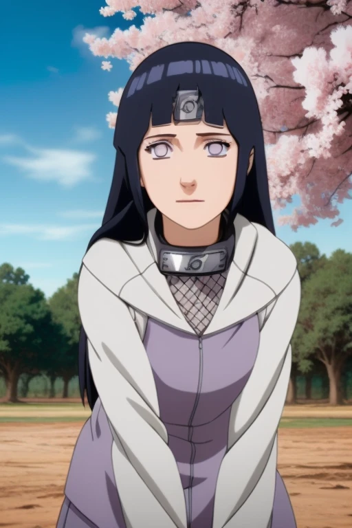 1girl, Hinata Hyuuga from Naruto Shippuden, 18 years old, beautiful detailed eyes, beautiful detailed lips, extremely detailed eyes and face, long eyelashes, school uniform, happy expression, university campus, cherry blossom trees, blue sky, fluffy clouds, sunlight, vibrant colors, intricate details, realistic, photorealistic, masterpiece, 8K, highres