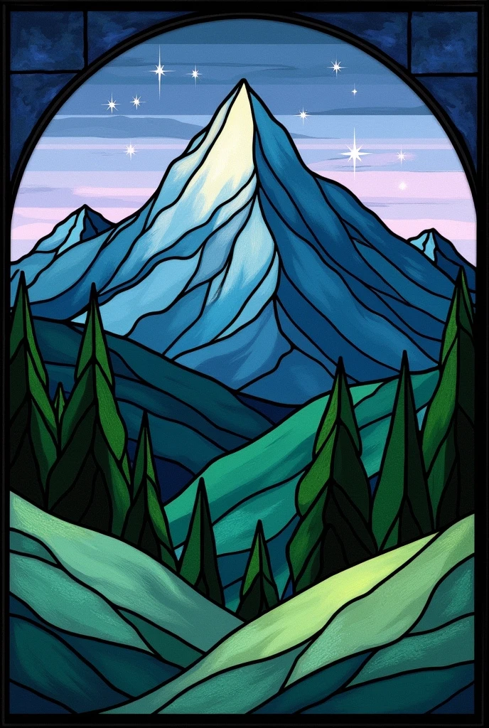 Simple stained glass pattern with a mountain theme, easier to do