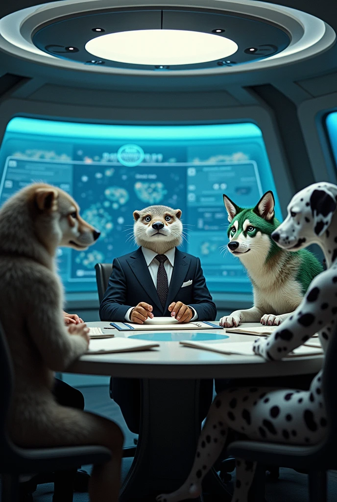 a diplomatic meeting between anthropomorphic otter, wolf with grey fur  , wolf with green and white fur and Dalmatian in a space ship briefing room 