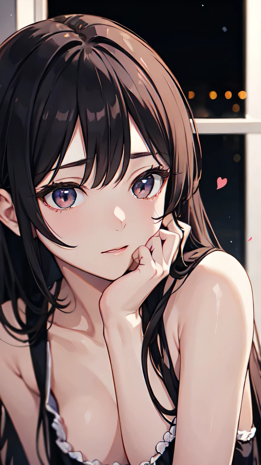 ((best quality)), ((masterpiece)), (detailed), 1girl, sexly,night,Almond Eye,静かなnightの風が,Gently strokes the windowpane, Your voice echoes faintly in the distance, Whispering like a soft breeze,Close up of face