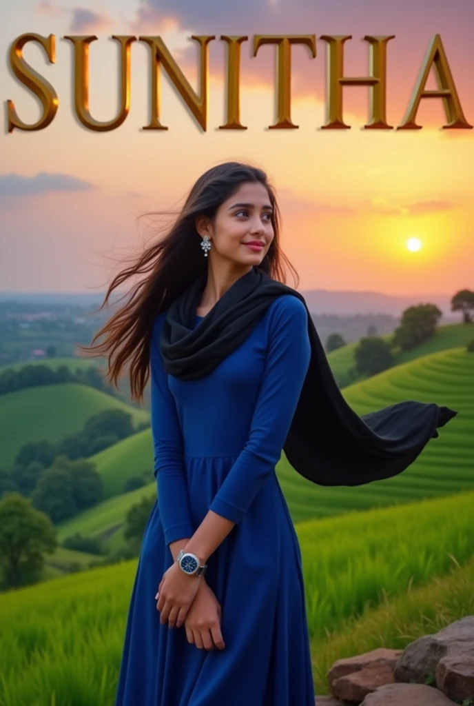 Beautiful cute short girl aged 18 , stand on stone in middle of hills, have long hair and wears ear rings and wears metallic smart watch to her left hand and wears blue colour full hands dress and black scarf  which is flying due to air and  black colour legin pand and wears Black colour chappal and seeing left side and sky in sunset mood,in background village and trees and crops and House written SUNITHA name on the sky at her background with gold stylish metallic letters 