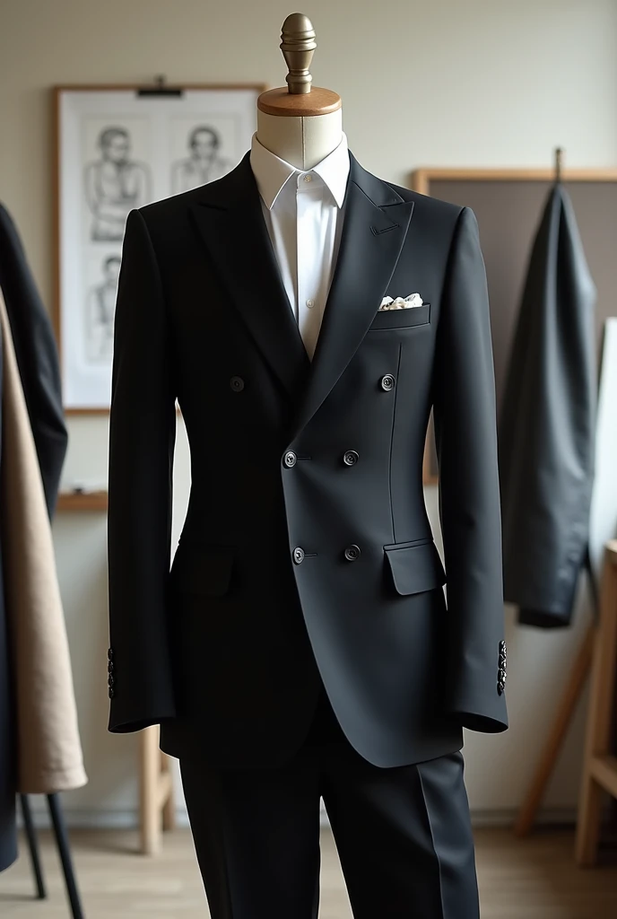 A men's suit, tight, realisitic, In the black color, four-button, medium lapel, on a mannequin like a stylist's drawing from the back