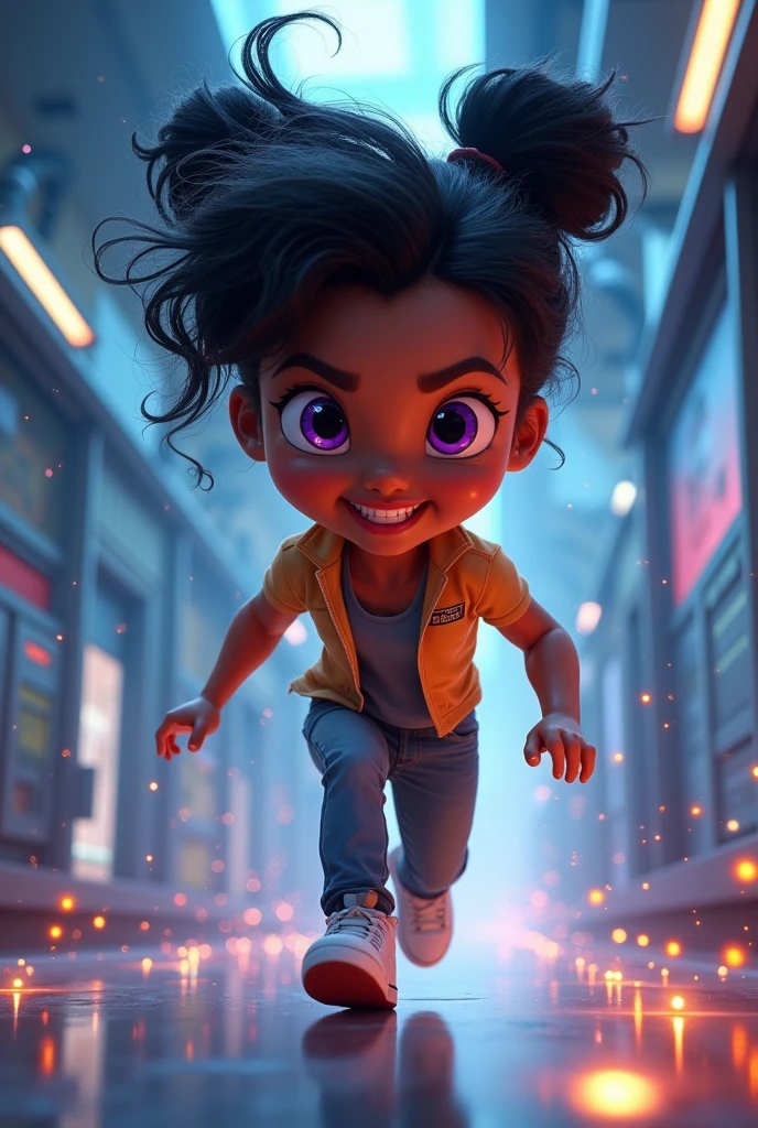 Make me a brown girl, with black, messy hair, purples eyes, muscular and with a defiant smile as she escapes a laboratory in the style of Disney's 3D animation