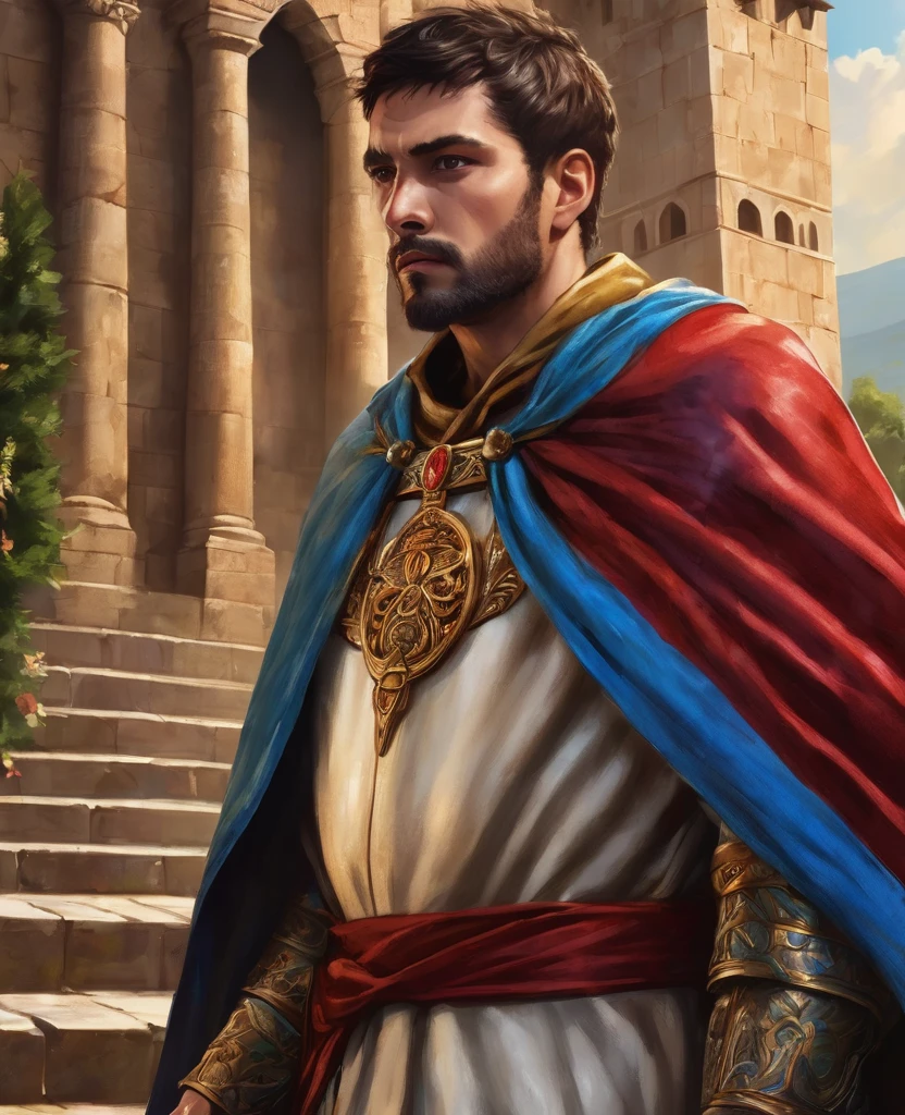 man, muscular, with a claw scar on the left side of his face, brown left eye, blue right eye, heterocromia, trapezoidal head, Aquiline nose, cleft chin,with short beard, short hair castaño con degradación blanco en las puntas, short hair, dressed as emperor, golden laurel wreath crown, red cape, tanned skin, standing on stairs leading to a medieval castle, High resolution,sharp focus,(ultra detailed,extremely detailed),(photorealistic artwork:1.37),(extremely detailed CG unity 8k wallpaper),(((vibrant colors,vibrant theme))),(Intricate),(masterpiece),(Best Quality)