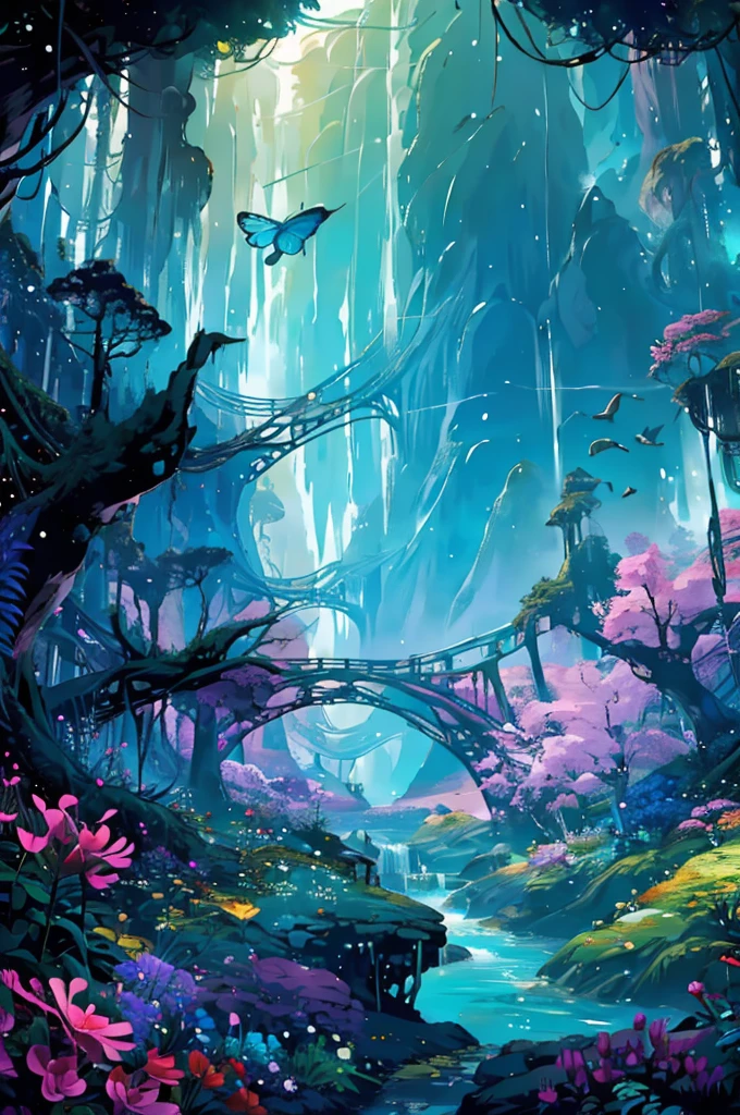 Create a dreamlike and exuberant image that celebrates the strength and beauty of nature in relation to water resources. Imagine a dense and vibrant tropical forest, where crystal clear waterfalls cascade down moss-covered cliffs, feeding a winding river that snakes through the landscape. Intertwined roots form natural bridges over the river, while exotic flowers bloom in vibrant colors, Attracting butterflies and hummingbirds. in the sky, a double rainbow stretches from one horizon to the other, symbolizing hope and the promise of a sustainable future. Sunlight filtered through the foliage creates a play of light and shadow, conferring a magical and mysterious atmosphere to the scene. The final image should convey the grandeur and fragility of nature, inspiring awe and respect for its ability to regenerate and the urgent need to protect it.