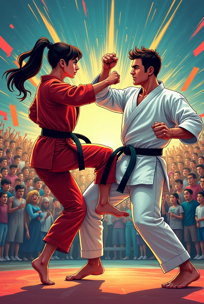 Create a picture of two karate fighters on a tournament in comic style for instagram