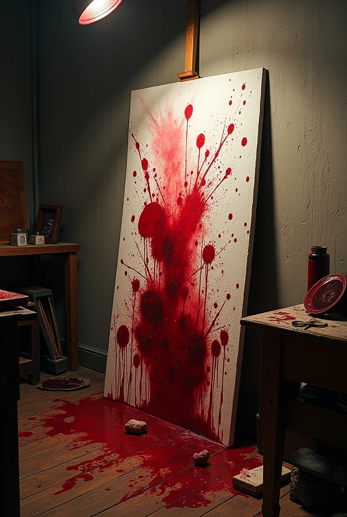 blood stains, scattered throughout the frame of a canvas. 
