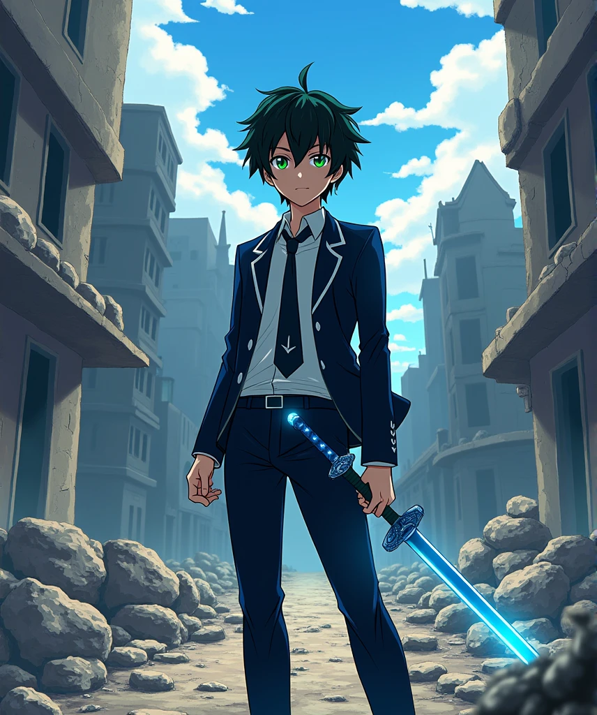 1 boy, teenager, short black messy hair, bright green eyes, stylish Japanese school outfit, illustration from the anime Kimetsu no Yaiba, holding a blue sword, destroyed city background