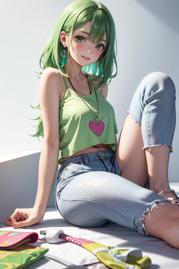 Best Quality,High resolution,8k,(plain white background, no patterns, no textures, just a plain white background:1.3),Masterpiece:1.2),beautiful girl,Shiny green hair,messy hair,Green Eyes,A girl in a bright, oversized graphic tee or tank top with a cheerful design, paired with high-waisted, slightly oversized long pants in a light, colorful fabric with a subtle pattern. She is wearing casual sneakers with a pop of color or simple yet stylish sandals. Accessories include a playful pendant necklace and colorful stud earrings,Gentle look,A refreshing look,smile,Best quality,Best Quality,Aesthetic and aesthetic:1.2,Best details((Super detailed))(High-definition CG illustrations),Slender body,smile,blush,cute,Scrounge,Looking up,Being spoiled,super model