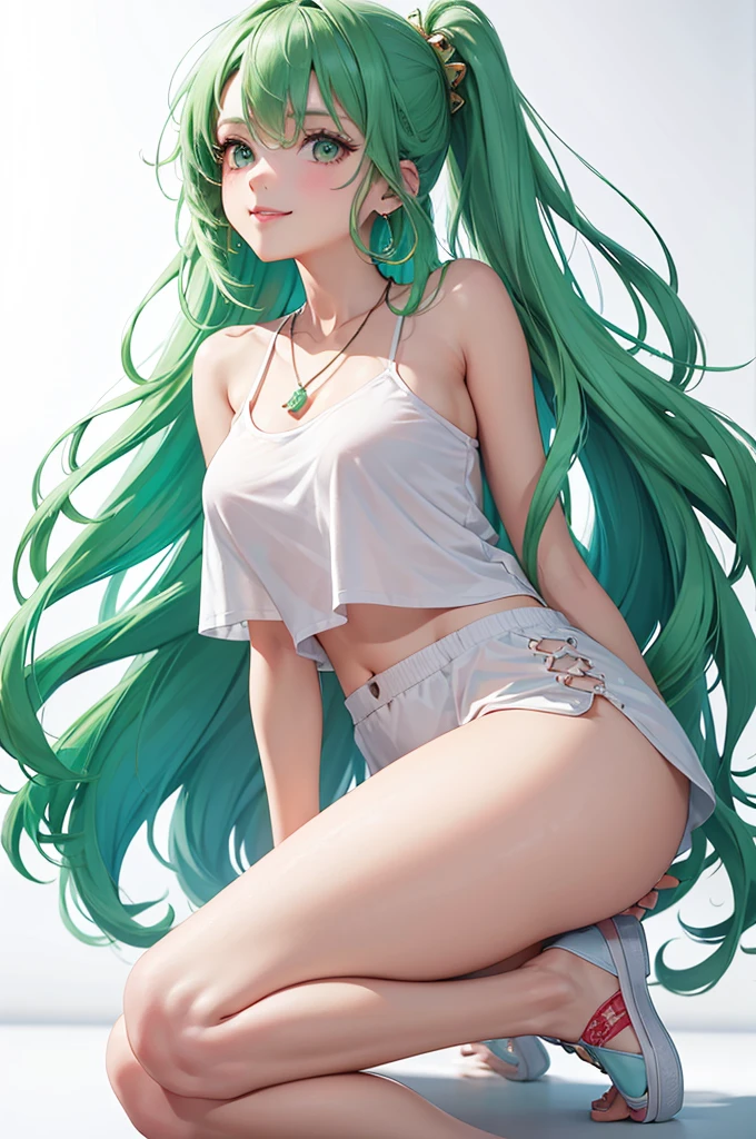 Best Quality,High resolution,8k,(plain white background, no patterns, no textures, just a plain white background:1.3),Masterpiece:1.2),beautiful girl,Shiny green hair,messy hair,Green Eyes,A girl in a bright, oversized graphic tee or tank top with a cheerful design, paired with high-waisted, slightly oversized long pants in a light, colorful fabric with a subtle pattern. She is wearing casual sneakers with a pop of color or simple yet stylish sandals. Accessories include a playful pendant necklace and colorful stud earrings,Gentle look,A refreshing look,smile,Best quality,Best Quality,Aesthetic and aesthetic:1.2,Best details((Super detailed))(High-definition CG illustrations),Slender body,smile,blush,cute,Scrounge,Looking up,Being spoiled,super model