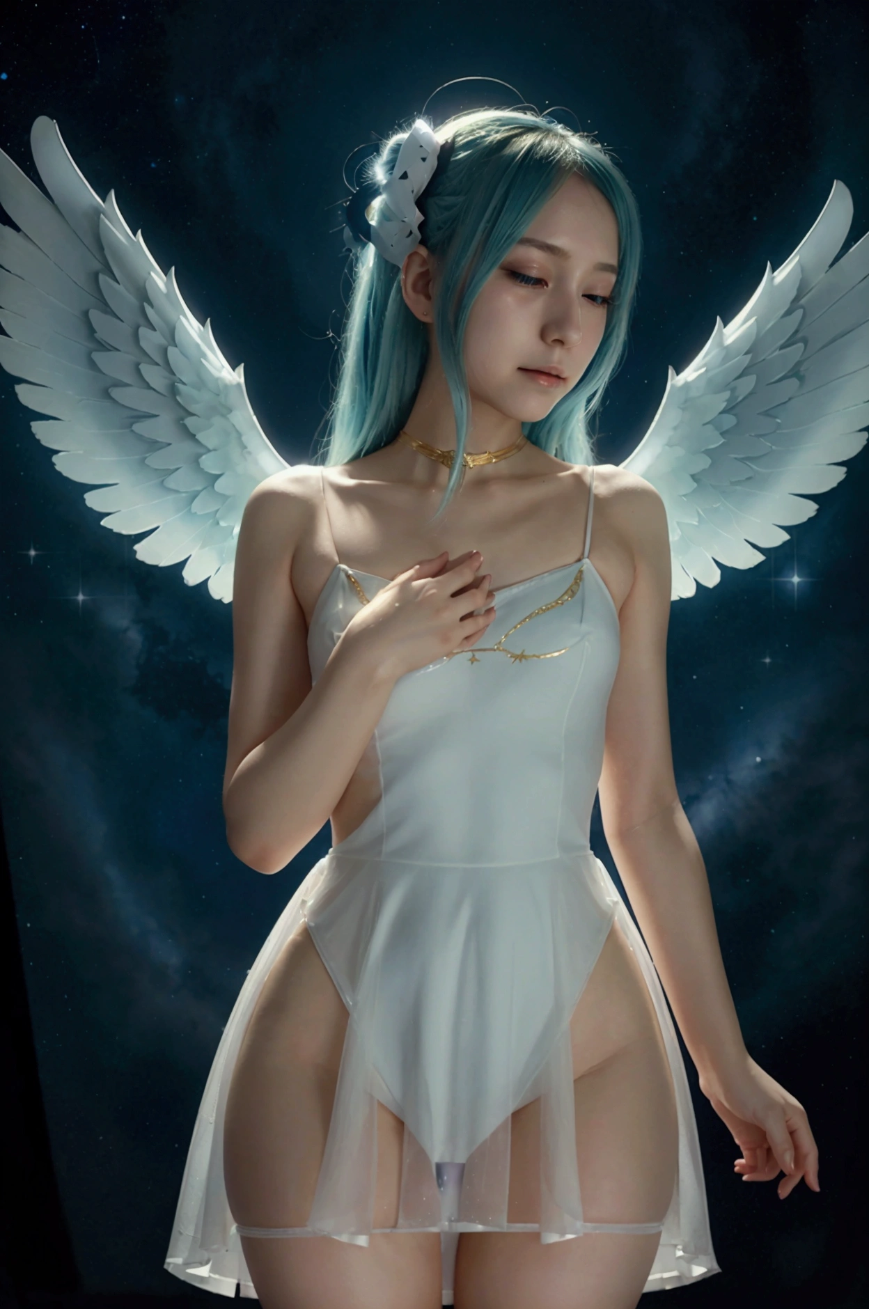 artwork, best quality, Hatsune Miku, white dress, angel, angel wings, golden halo, dark background, torso, (closed mouth:1.2), looking at viewer, arms behind back, blue theme, stars, starry night, doggy pose, doggystyle, wearing thong