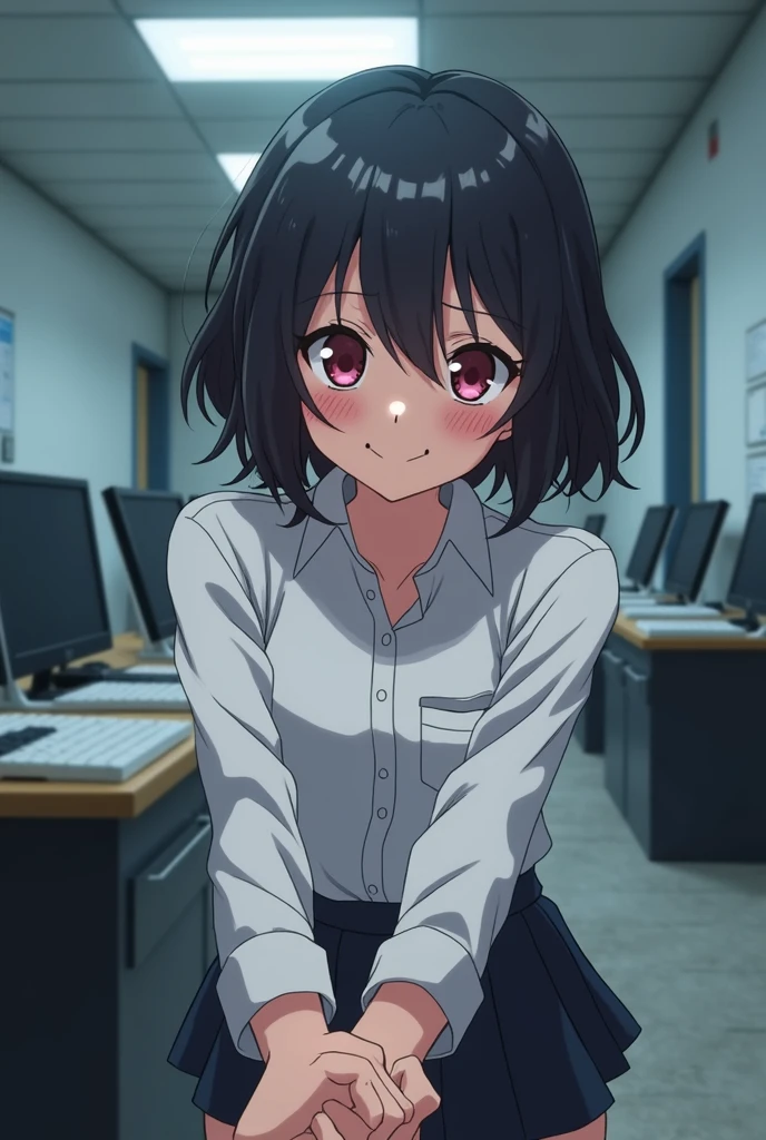 Anime girl with short curly black hair and angular pink eyes wearing a white dress shirt bending over embarrassed and mischievous and sly blushing with shy grin at camera and holding hands with somebody beyond the camera in an police office setting