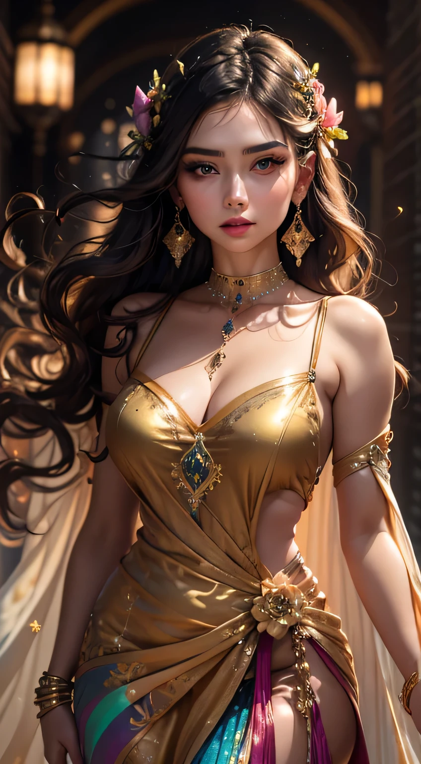Against an illuminated background, fractal colored in the colors of the rainbow and blurred by a sparkling aura of magic and grace, a beautiful girl, 23 years old, long, light, curly and flowing hair, perfect and detailed face, clear and penetrating eyes, Intricate earrings and choker, delicate and gentle flower. hair. This digital painting captures her ethereal beauty in exquisite detail, from the delicate swirls of her movements, to her long gown of shimmering, iridescent mystical silk, embroidered with intricate, detailed gold threads. Soft colors and complex textures bring the mystical figure to life, beckoning viewers into a world of enchantment and wonder. in HD.