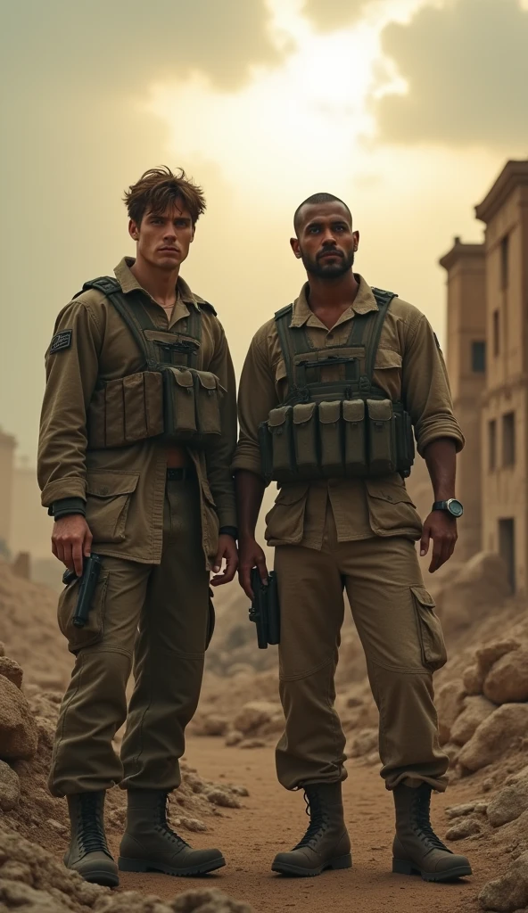 Two unarmed military soldiers in a desolate survival terrain indicating their resilience in the face of the end of the world 