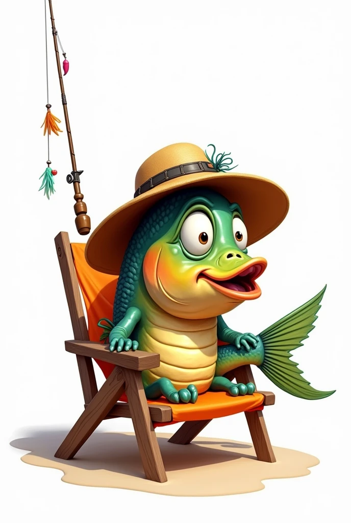 caricature style, a fishing trout, with hat and fishing rod, sitting in a beach chair. on a white background