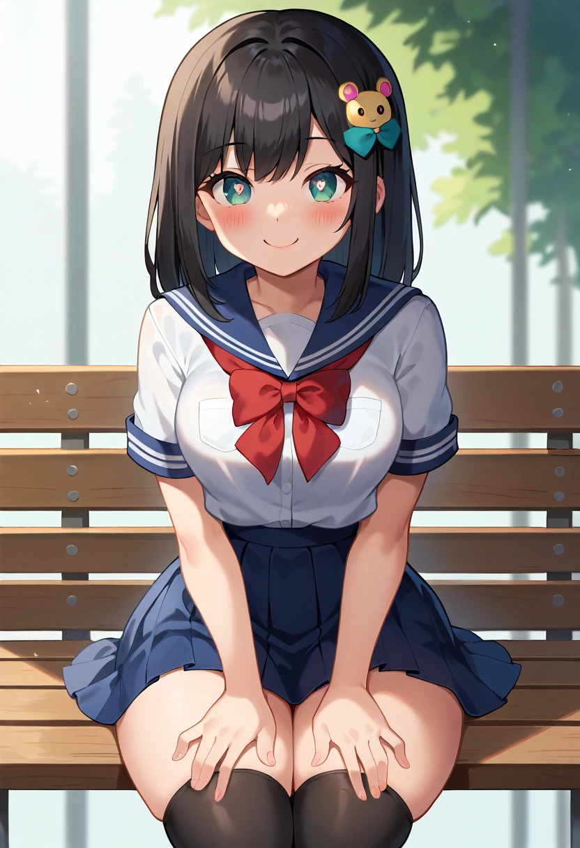 score_9, score_8_up, score_7_up, girl sitting in a bench, hands on thighs, long black hair, school uniform, skirt, black thighhighs, cute hair ornament, bright pupils, blush, medium breasts, narrow waist, wide hips, thick thighs, looking at viewer, cowboy shot, dynamic pose, cute, wide shot, solo, sexually suggestive, light smile,