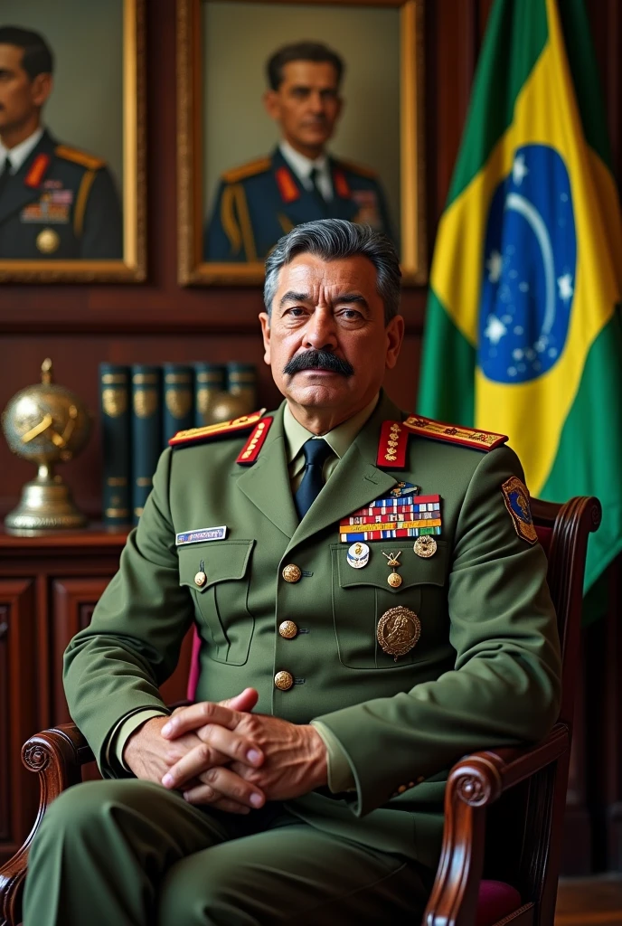A realistic and detailed portrait of a Colonel of Roman descent in the Brazilian army, around 40 years old with the face of an aggressive person. He has a very muscular and wide body, with military black and gray hair on the sides, and a thin scar on his face like a mark of bravery, he has a mustache. He is wearing a high-ranking olive green uniform of the Brazilian Army officer, adorned with medals and decorations. The background features a Brazilian Army office, with books and flags of Brazil and the Integralist Blue flag, The wall also has a photo of 2 Brazilian dictators and a realistic coat of arms., which contributes to the atmosphere of authority and respect. The veteran is sitting in a comfortable armchair, Breathing wisdom and strength, and appears as a respected and esteemed leader