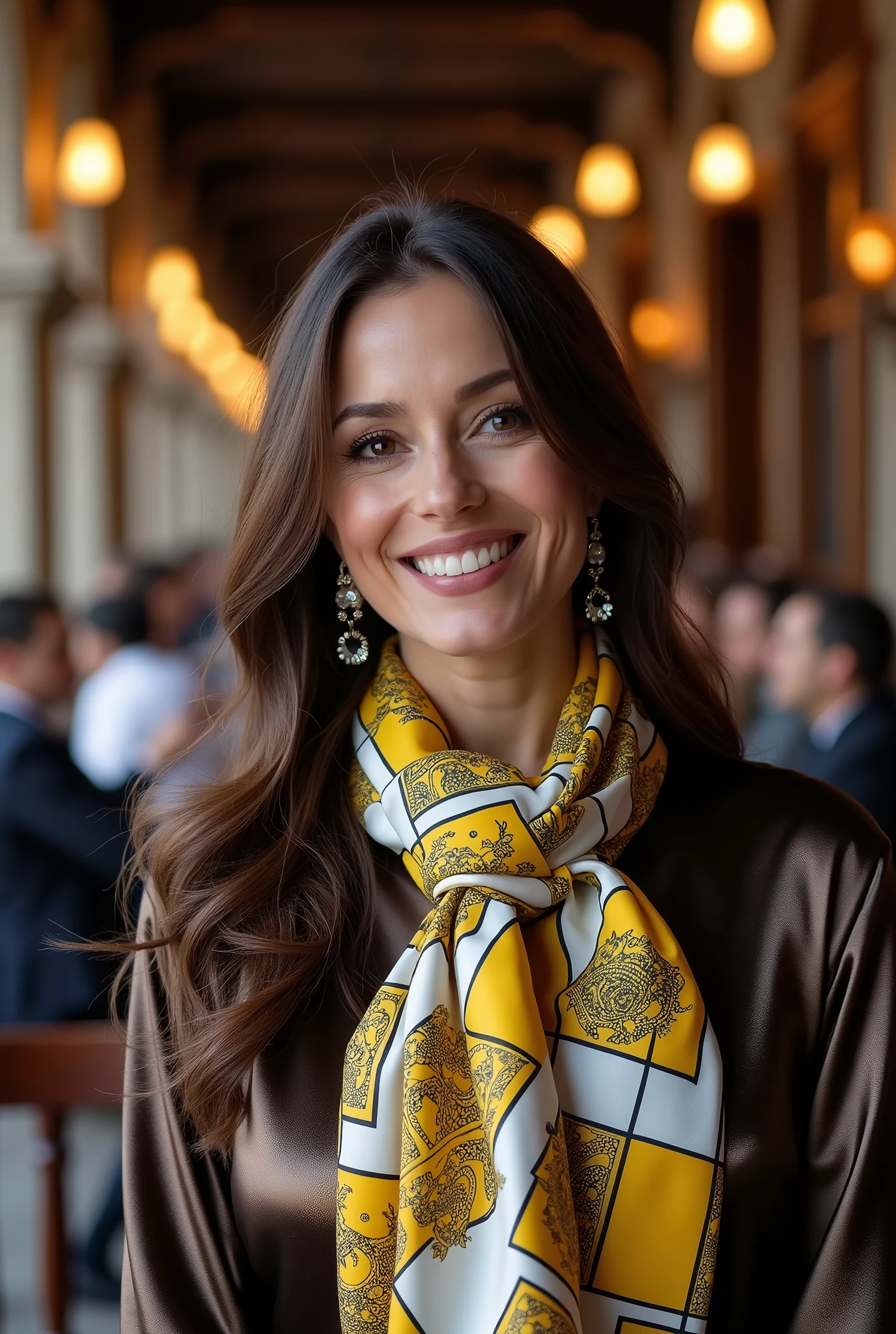 (photorealism:1.2), very pretty, exciting and stylish 44-years-old smiling lady in shiny blouse with long brown hair, brown eyes, smokey-eyes-make-up, wearing a very expensive elegant shiny white yellow black square pure satin silk scarf form Versace, sitting in a typical coffeehouse in Vienna.