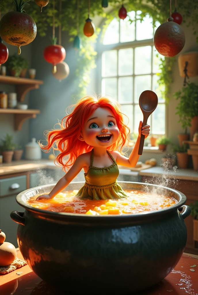 Girl with big breasts being cooked in a cauldron full of soup