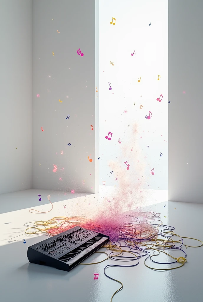 MIDI System, Wires on the floor and musical notes flying inside a white room