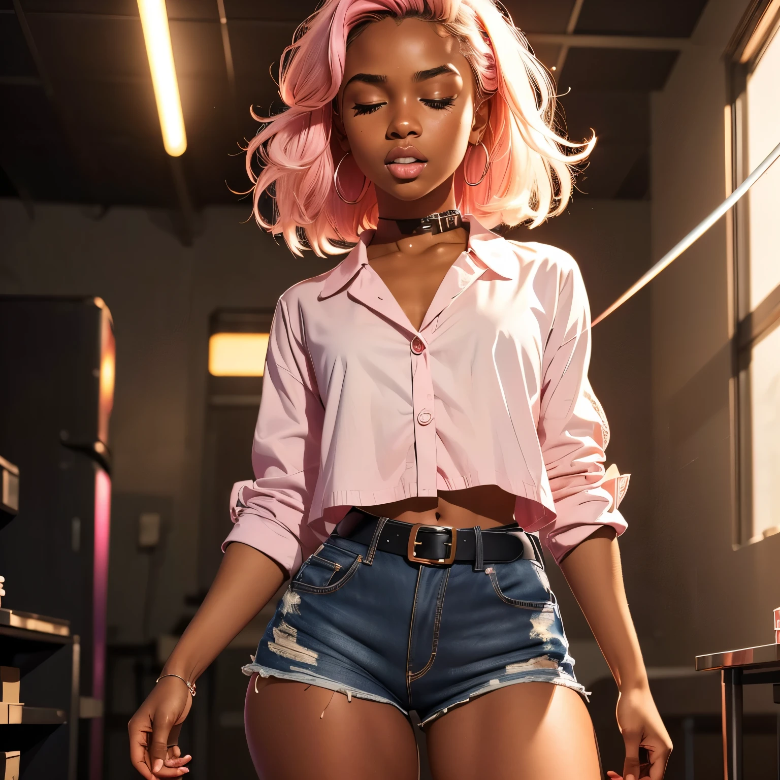 in laboratory, (18 years old), (dark skin), dark skin, wide shot, blond hair, ??????, (white button down top, pink shorts with belt), (Masterpiece, Professional lighting, 16k, 8k wallpaper, raw photo, photorealistic:1.8, ultra detailed, natural lighting, detailed skin sexy pose, open mouth, big lips, night time, eyes closed, magic energy, neon light, ??????, screaming, narrow shoulders, thick thighs
