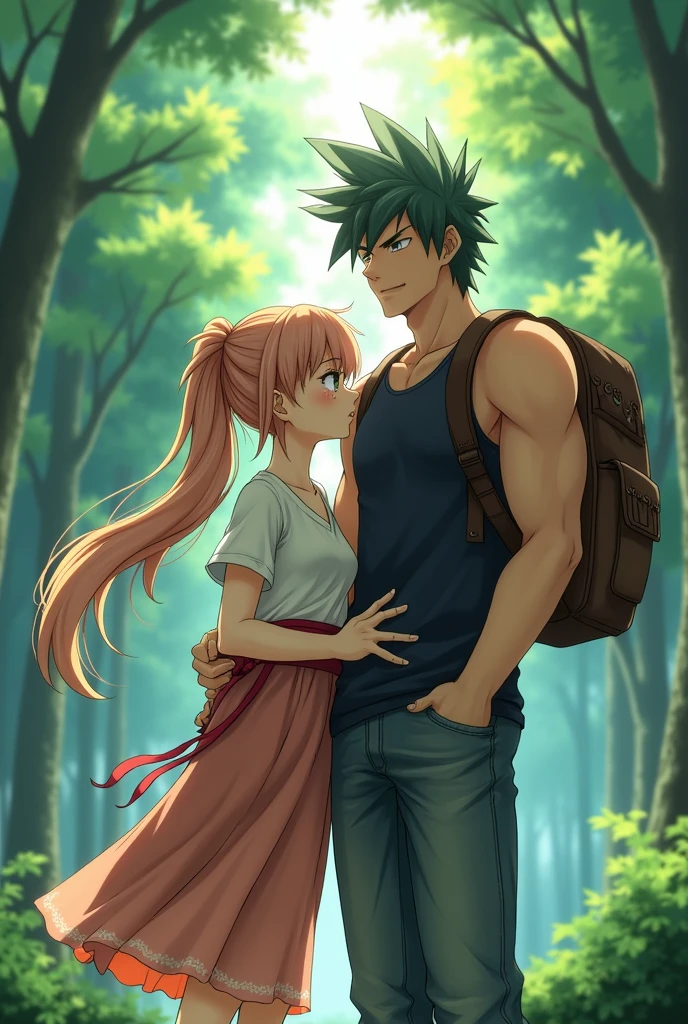 female Shoto Todoroki, mha, girl with long hair, ponytail, pretty short blouse, mid-length skirt with fluttering ribbons, crying, Adult Katsuki Bakugou, tank shirt, worn jeans, necklace, muscular, tramp, backpack bag on the back, hiking, anime, he embrace