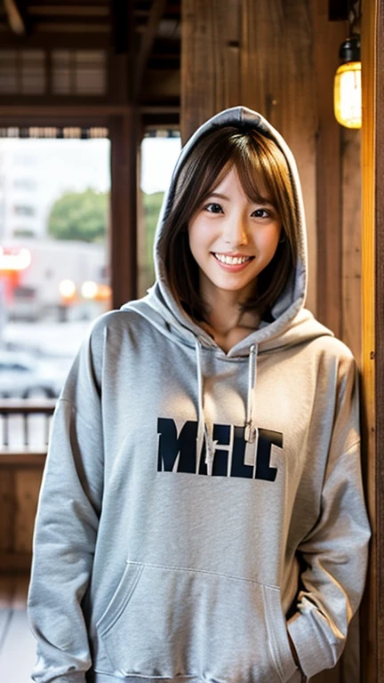 A Japanese milf, photo of one girl, Slender figure, Realistic teeth, wearing oversized hoodie, hood down, smile, full-body, masterpiece, best quality, detailed, beauty, Pub, indoor,