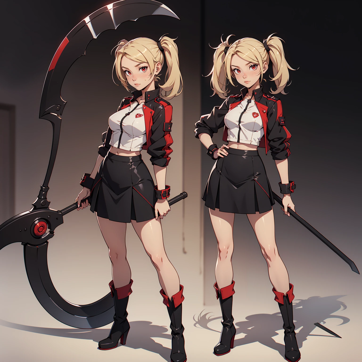 Very detailed, neutral facial expression, figure, full body view, blonde hair with twintails, red eyes, looking at viewer, black and red uniform, skirt, black boots, holding scythe, sexy pose.