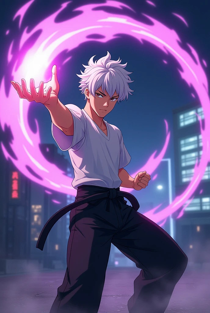 100 pound body and white hair gojo satoru in white T-shirt black leg karate suit shoot purple hollow from left hand anime style