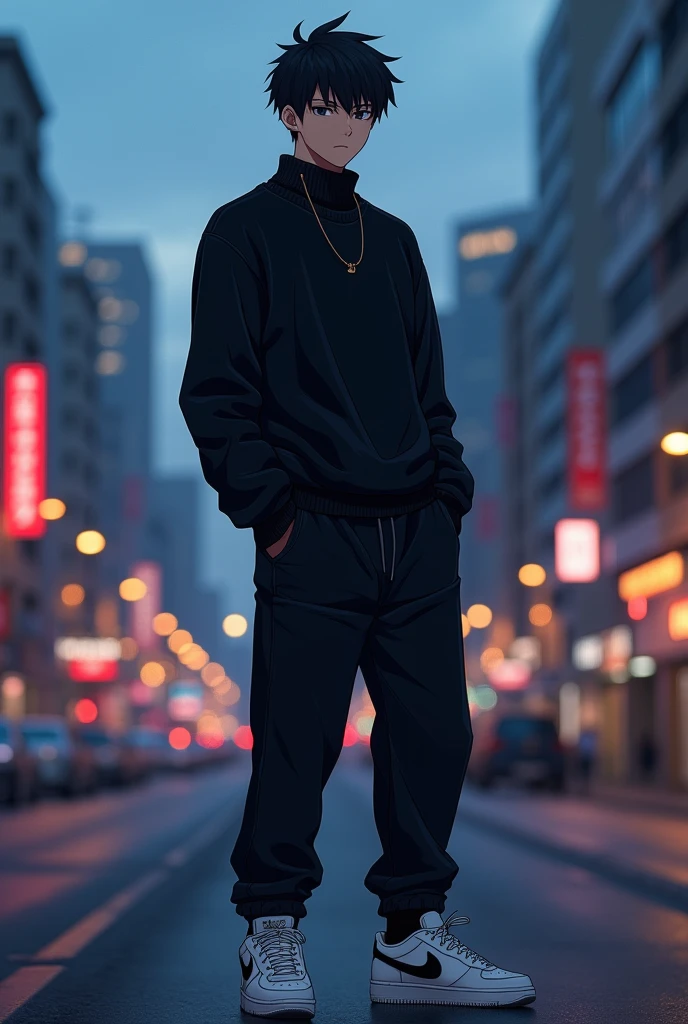 1guy, male, anime, pitch-black piercing eyes, handsome guy, with black sweater and long pants, white Nike sneakers, standing