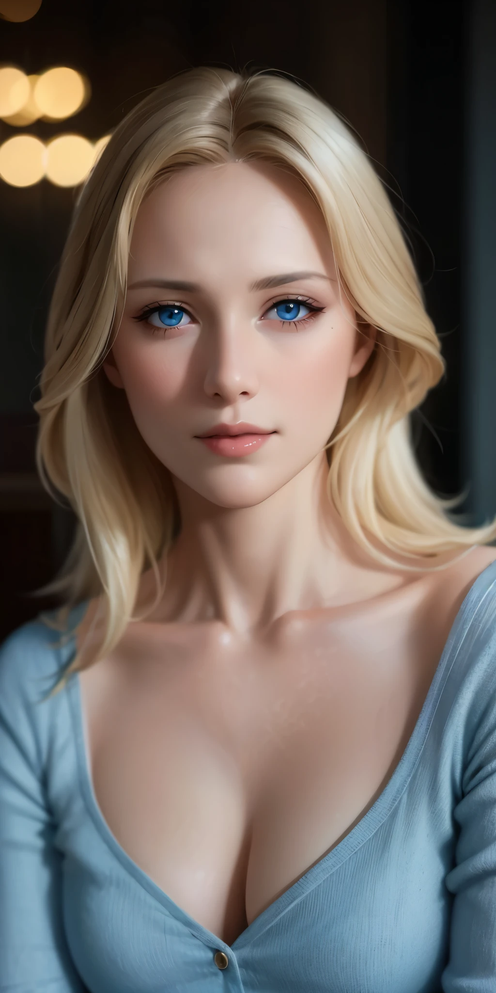 Elegant mature female, milf, blue eyes, blonde hair, bangs, soft light, 4k resolution, high quality, beautiful cg