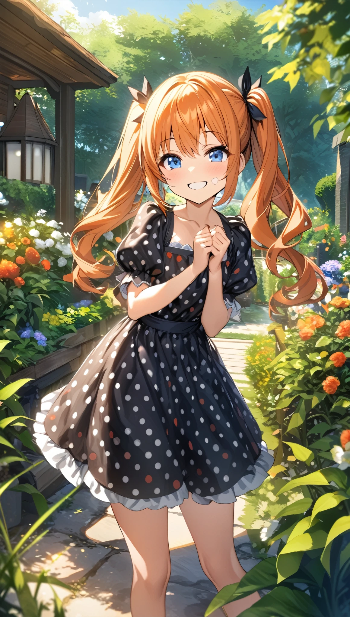 a girl with a red and black polka dot Dress, 1girl, solo, orange hair, Blue eyes, smiling, puffy short slevees, smiling, frekles on face, garden, outdoors, HDR, High quality, Twintails, Best Quality,