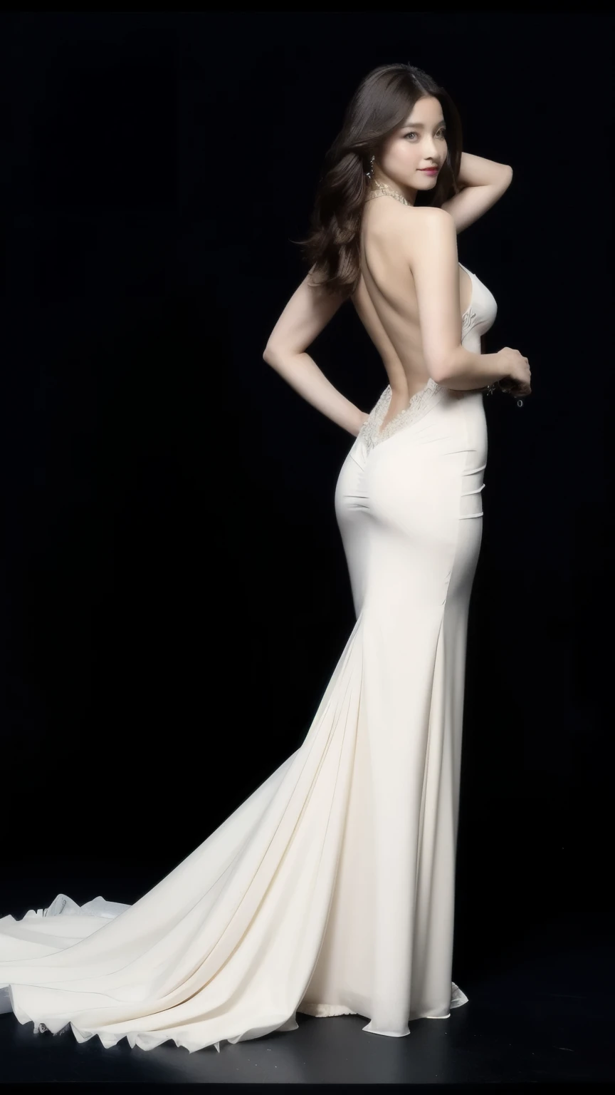 Ultra-high resolution,art photo,Full body photo,21 year old girl,Earrings,Long Hair,Black background,Black backless dress,necklace,Cowboy Shoot,H Cup,Showing cleavage,Expose your breasts more,Incredible breast size,Erect nipples,Open the arena area,Your breasts will get bigger,Back is smooth and beautiful.,Back is completely naked.,Cold skin whitening,Big Ass,His white hair was tulle.,Messy Hair,Translucent clothing,Blushed,More transparent clothing