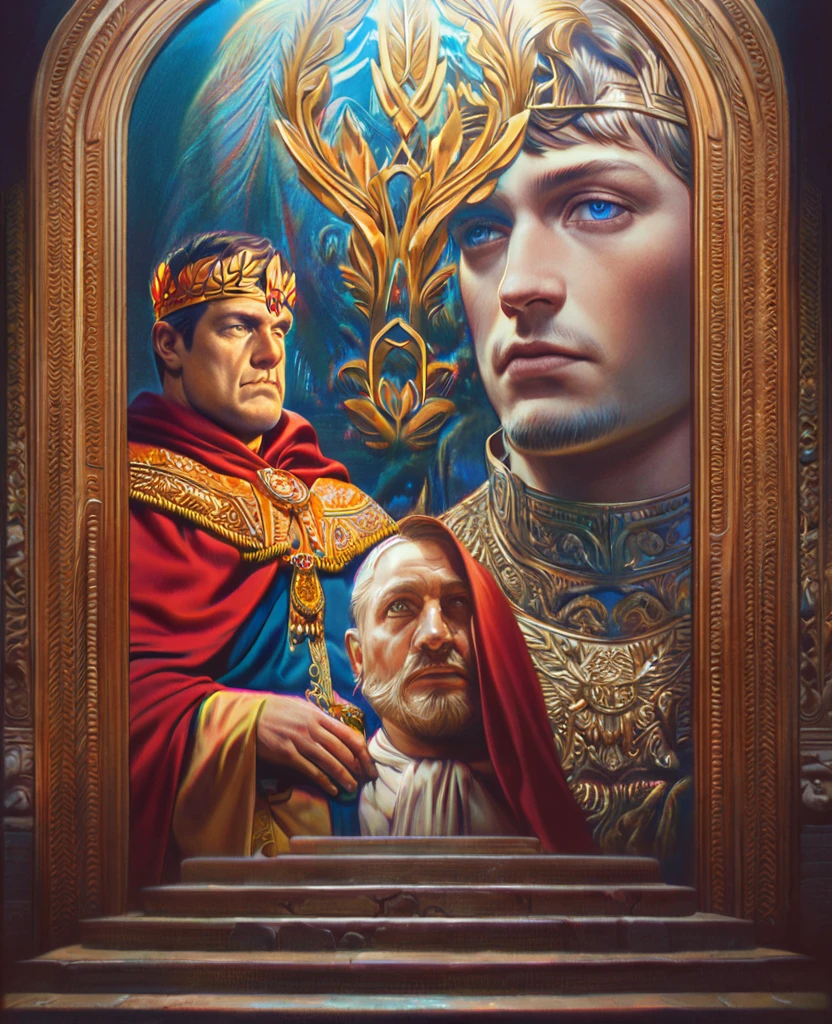 man, muscular, with a claw scar on the left side of his face, brown left eye, blue right eye, heterocromia, trapezoidal head, Aquiline nose, cleft chin,with short beard, short hair castaño con degradación blanco en las puntas, short hair, dressed as emperor, golden laurel wreath crown, red cape, tanned skin, standing on stairs leading to a medieval castle, High resolution,sharp focus,(ultra detailed,extremely detailed),(photorealistic artwork:1.37),(extremely detailed CG unity 8k wallpaper),(((vibrant colors,vibrant theme))),(Intricate),(masterpiece),(Best Quality)