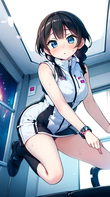 (Highest quality), (masterpiece), 1080P, High resolution, 4K, 8k, Inside the space station、Futuristic room、Thigh straps, Shooting from directly below, The woman on top of me, 白いSweat, Covered , Sweat, Woman looking down, Skirt swimsuit, Thigh-high socks, To achieve this, , , whole body, Black leather shoes, Braided hair, Inner Color, Embarrassed face, Short black hair, bracelet, Bedroom,celestial body_Vest
