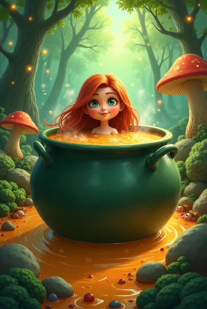 Girl with big breasts being cooked in a cauldron full of soup