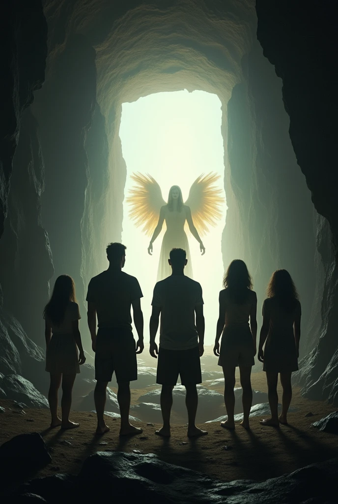 A group of people in a cave looking towards the exit, one person in the middle, one on the right and three on the left, at the exit there is a shining angel in a white and yellowish color, and a little out of focus, This angel has a human appearance, the cave exit is square shaped and the space to exit is small, and it's a little far away