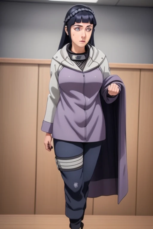 1girl, Hinata Hyuuga from Naruto Shippuden, 18 years old, beautiful detailed eyes, beautiful detailed lips, extremely detailed eyes and face, long eyelashes, graceful pose, realistic, photorealistic, photo-realistic:1.37, (best quality,4k,8k,highres,masterpiece:1.2),ultra-detailed,(realistic,photorealistic,photo-realistic:1.37),portrait, hyperrealistic, intricate details, studio lighting, highly detailed facial features, elegant, serene expression, lavender hair, white jacket, navy blue pants, lifting weights, fitness center, detailed background, warm lighting, soft pastel colors