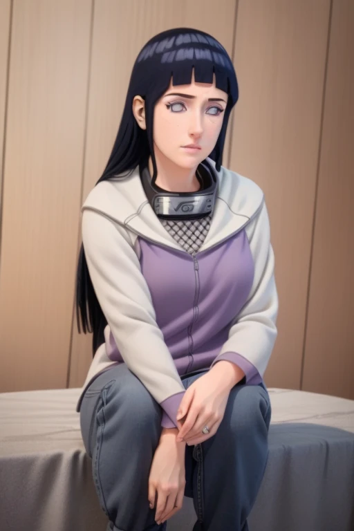 1girl, Hinata Hyuuga from Naruto Shippuden, 18 years old, beautiful detailed eyes, beautiful detailed lips, extremely detailed eyes and face, long eyelashes, graceful pose, realistic, photorealistic, photo-realistic:1.37, (best quality,4k,8k,highres,masterpiece:1.2),ultra-detailed,(realistic,photorealistic,photo-realistic:1.37),portrait, hyperrealistic, intricate details, studio lighting, highly detailed facial features, elegant, serene expression, lavender hair, white jacket, navy blue pants, lifting weights, fitness center, detailed background, warm lighting, soft pastel colors