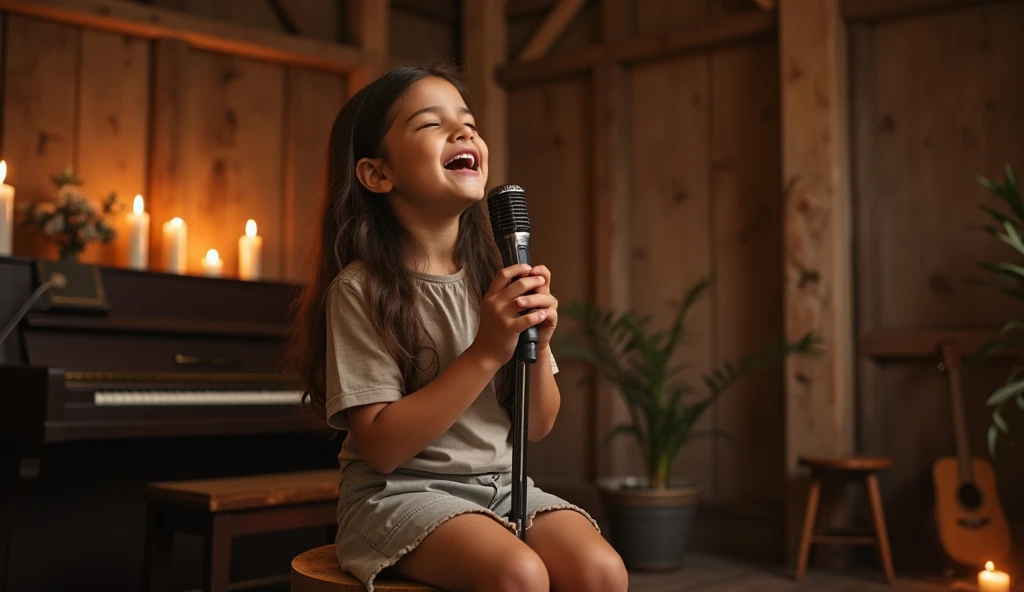 A hyper-realistic image of a beautiful child singing gospel music in an intimate acoustic setting. The child is seated on a wooden stool, holding a vintage microphone with both hands, eyes closed in deep concentration. Soft, warm lighting illuminates their face, highlighting the pure emotion and innocence in their expression. The background features simple acoustic instruments, like a guitar and a piano, set in a cozy, rustic room with wooden beams and a few candles, creating a peaceful, reverent atmosphere.