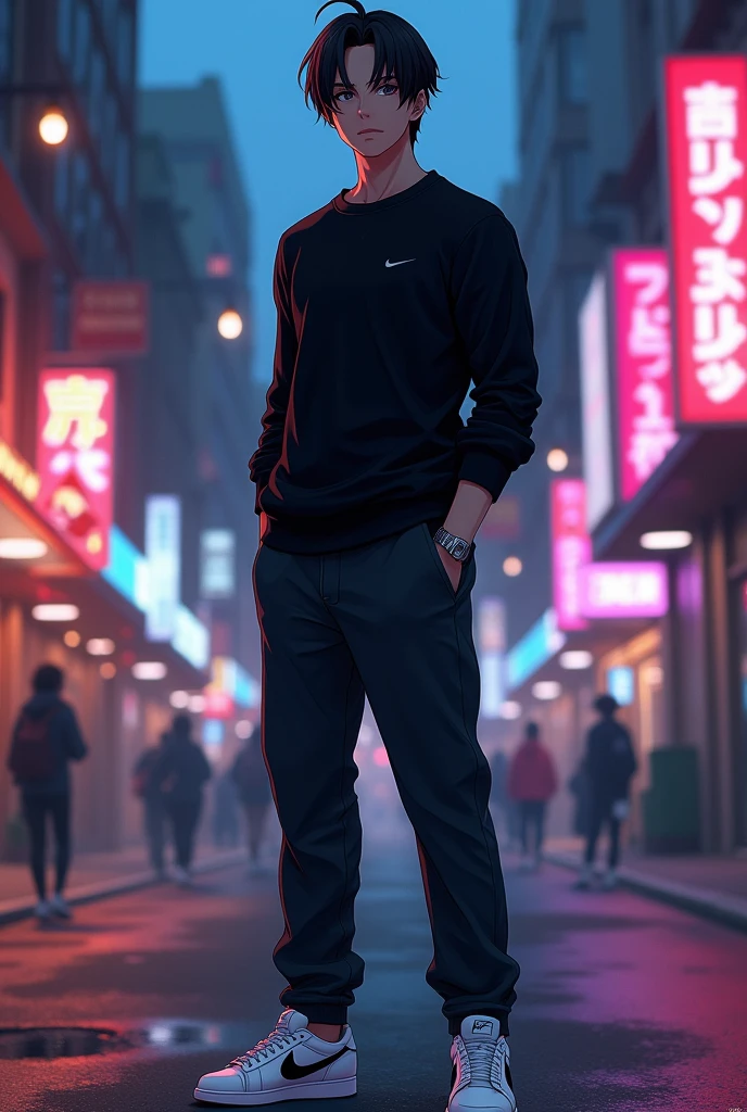 1guy, male, anime, pitch-black piercing eyes, handsome guy, with black sweater and long pants, white Nike sneakers, standing